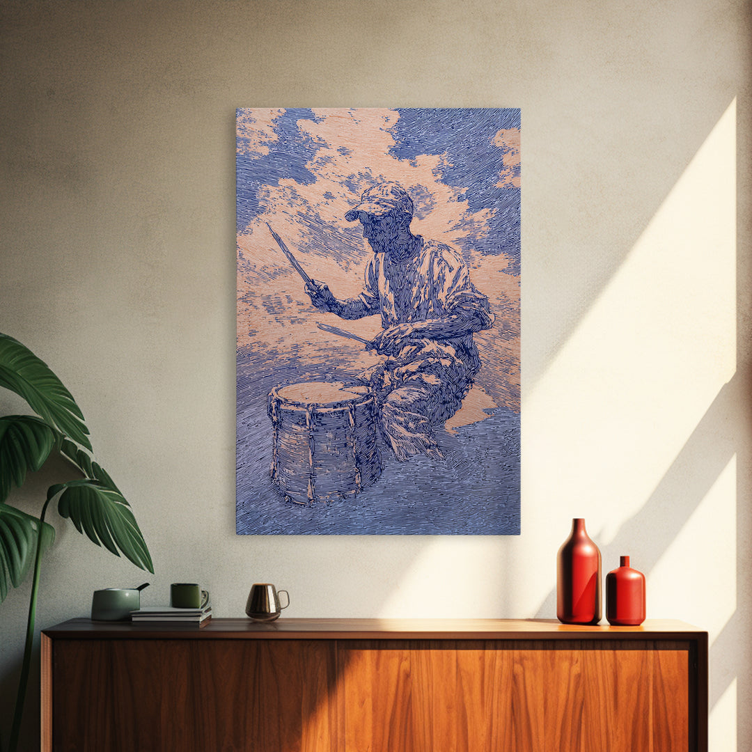 Blue African Drummer Playing Traditional Drum Wall Art, Afrocentric Art Print, Cultural Music Decor, Tribal Portrait Canvas