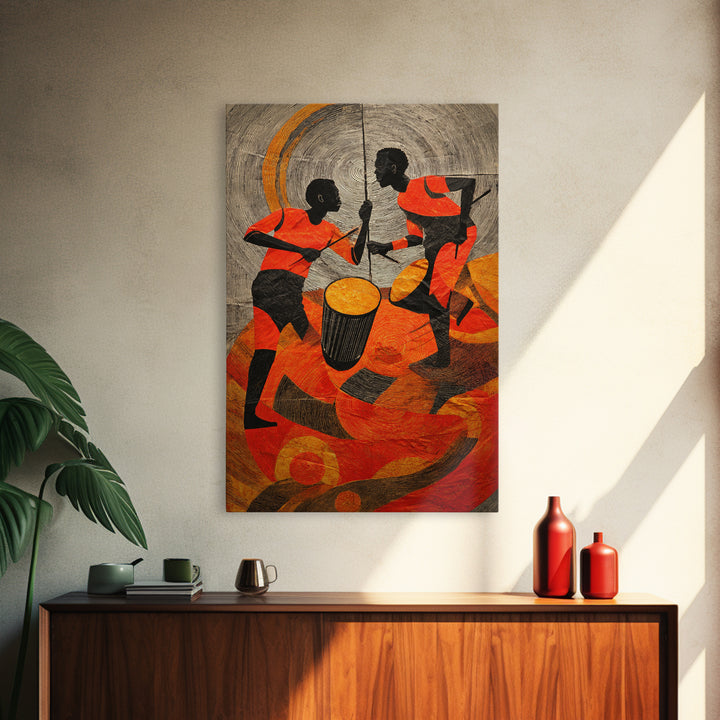Two African Children Dancing With Drum Wall Art, Colorful African Art Print, Tribal Celebration Decor, Modern Afro Canvas