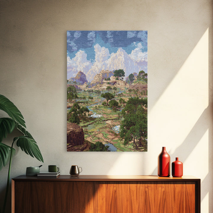 Ancient African Valley With River And Mountains Wall Art, Serengeti Landscape Print, Nature Scene Home Decor, Dreamy Canvas