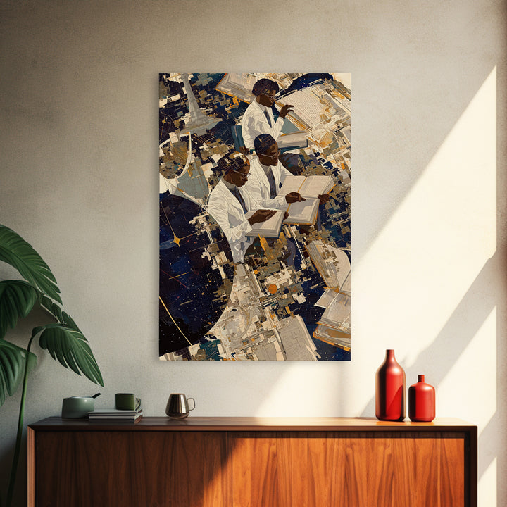 Black African Scholars Reading Floating Books Wall Art, Afrofuturism Decor, Black History Gift, Modern Cultural Canvas Print