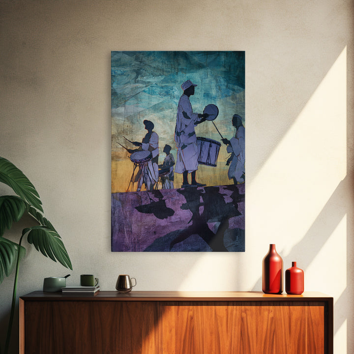 Silhouetted African Drummers At Twilight Framed Canvas Print, Afrocentric Wall Decor, Cultural Music Art, Tribal Home Decor