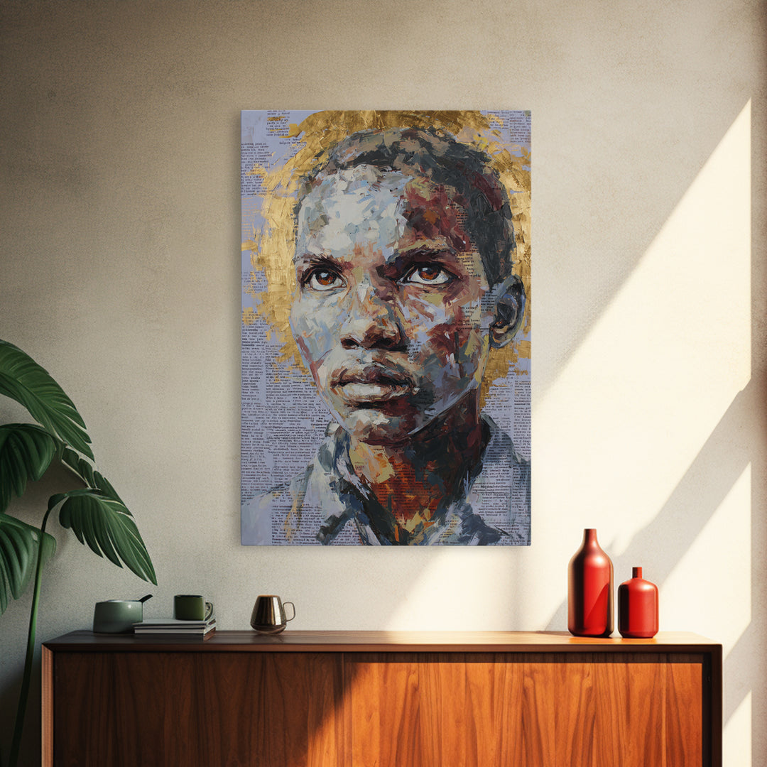 Young African Boy Portrait With Golden Halo Wall Art, Black Art Print, Melanin Artwork, Afrocentric Modern Gallery Decor