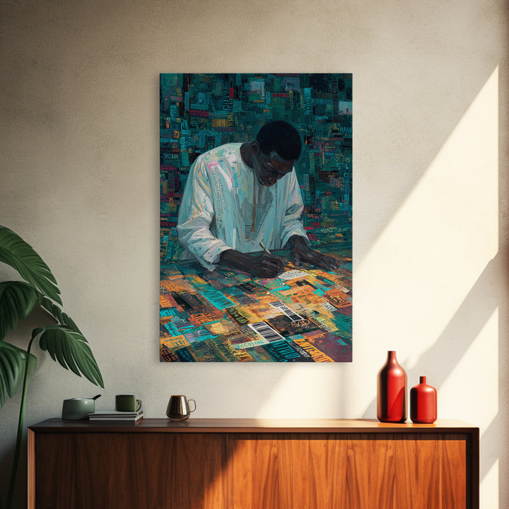Focused Writer At Colorful Desk Framed Canvas Print, Black Man Wall Art, African American Art, Office Decor, Creative Gift