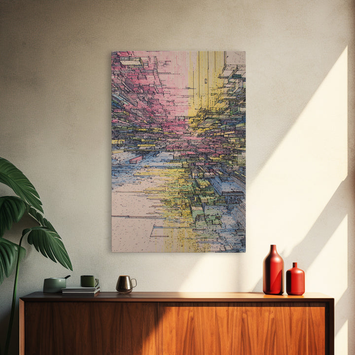 Futuristic Abstract City Canyon Framed Canvas Print, Modern Urban Wall Art, Geometric Architecture, Colorful Office Decor