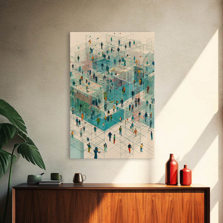 Isometric People In Wireframe City Wall Art, Modern Geometric Canvas Print, Abstract Urban Network, Unique Office Decor, Tech Inspired