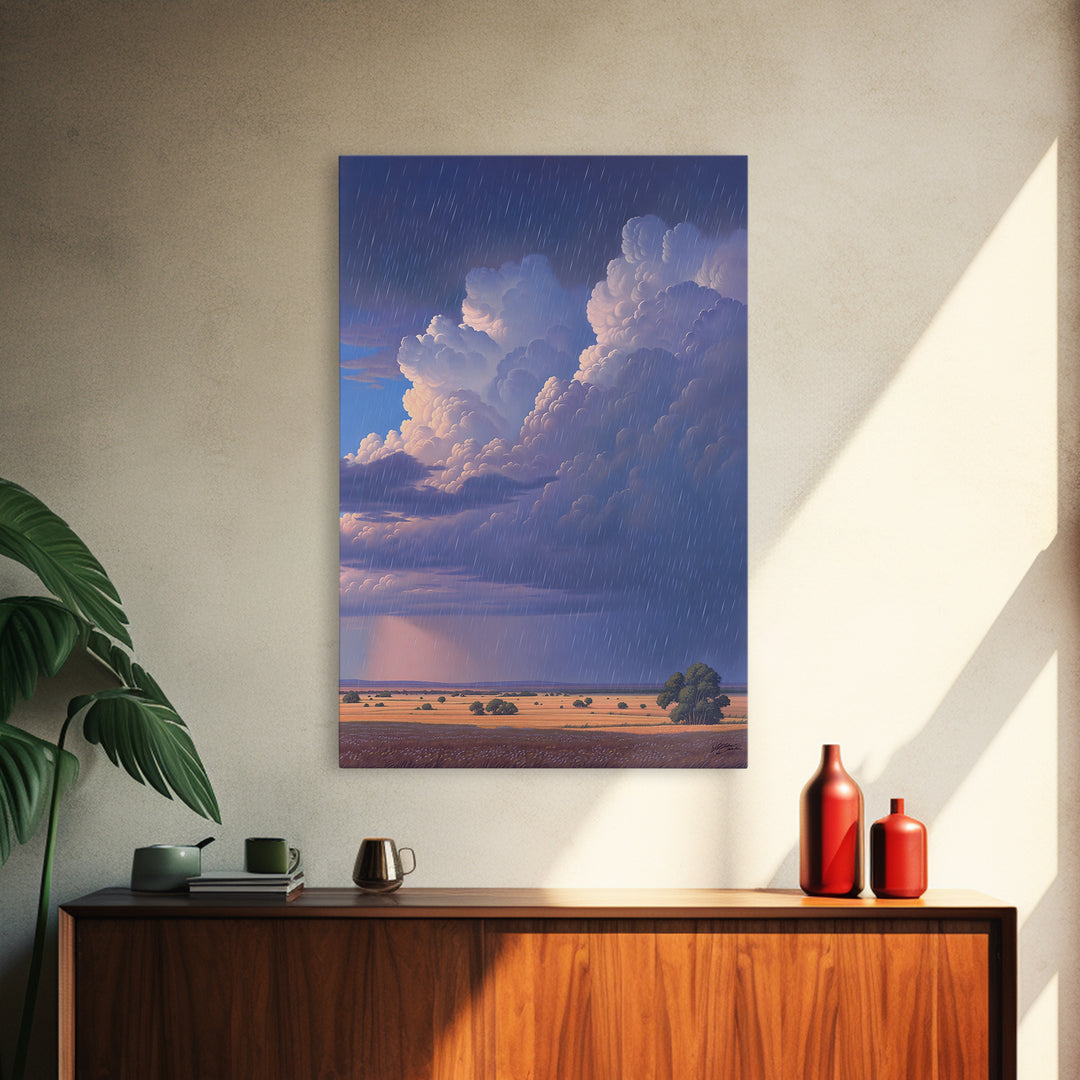 Rainstorm Over African Savanna Canvas Print, Dramatic Cloud Wall Art, Safari Landscape Decor, Dreamy Nature Scene Gift, Blue Sky