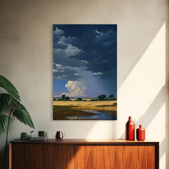 Dark Storm Clouds Over Golden Field Wall Art, African Landscape Canvas Print, Moody Nature Scene, Rustic Living Room Decor
