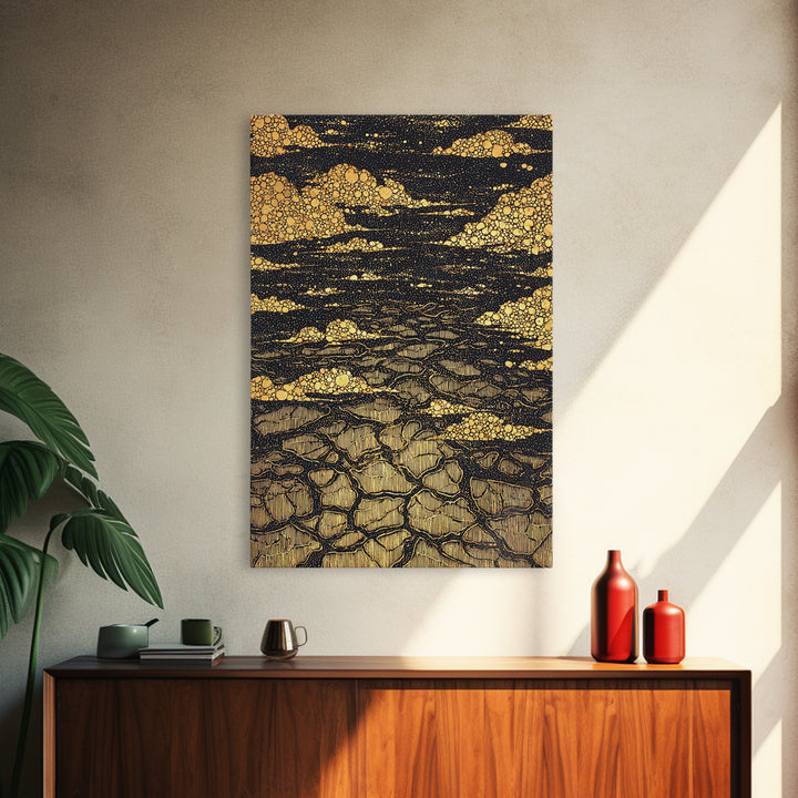 Black And Gold Cracked Earth Abstract Wall Art, Luxury Canvas Print, Textured Desert Landscape, Bold Statement Home Decor