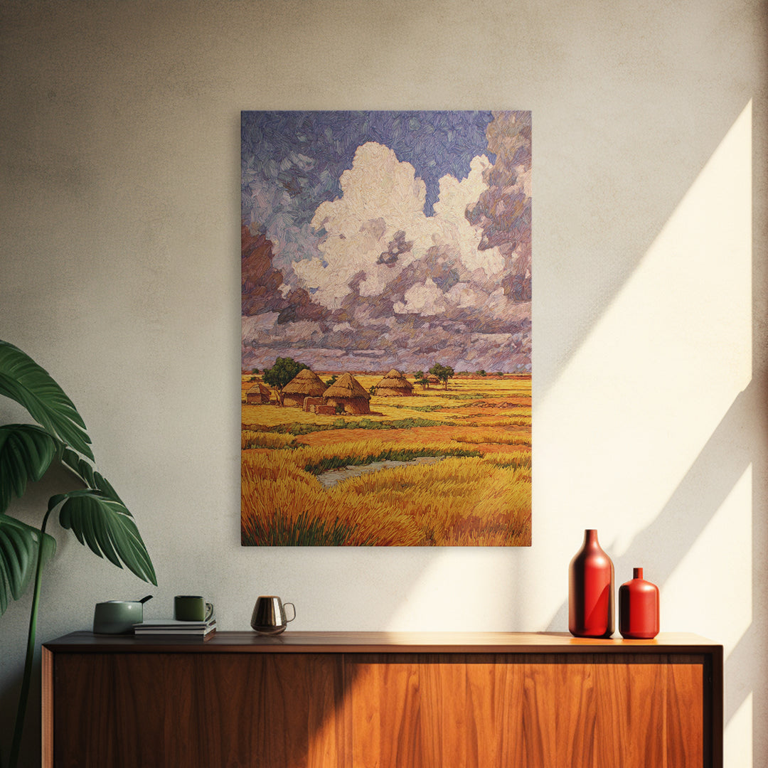 Golden African Village Under Towering Clouds Wall Art, Savannah Landscape, Rustic Home Decor, Afrocentric African Art Print
