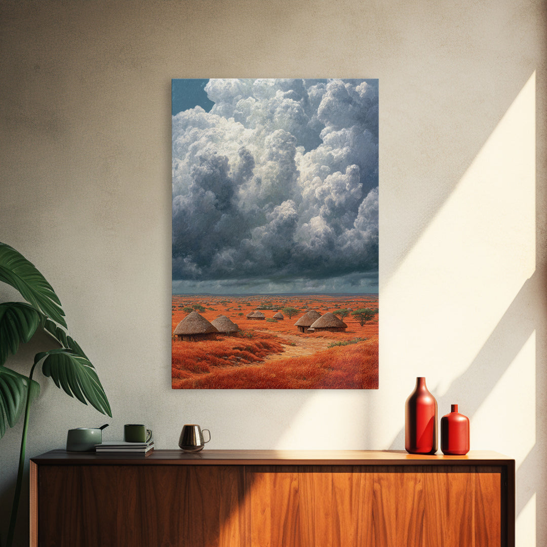 Red African Village Beneath Dramatic Storm Clouds Framed Canvas Print, Safari Landscape Wall Art, Earth Tone Home Decor Gift