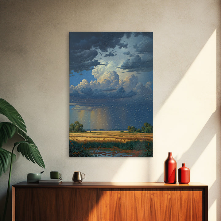 Rain Swept African Plain With Golden Fields Canvas Print, Stormy Landscape Wall Art, Safari Decor, Dramatic Office Art Gift