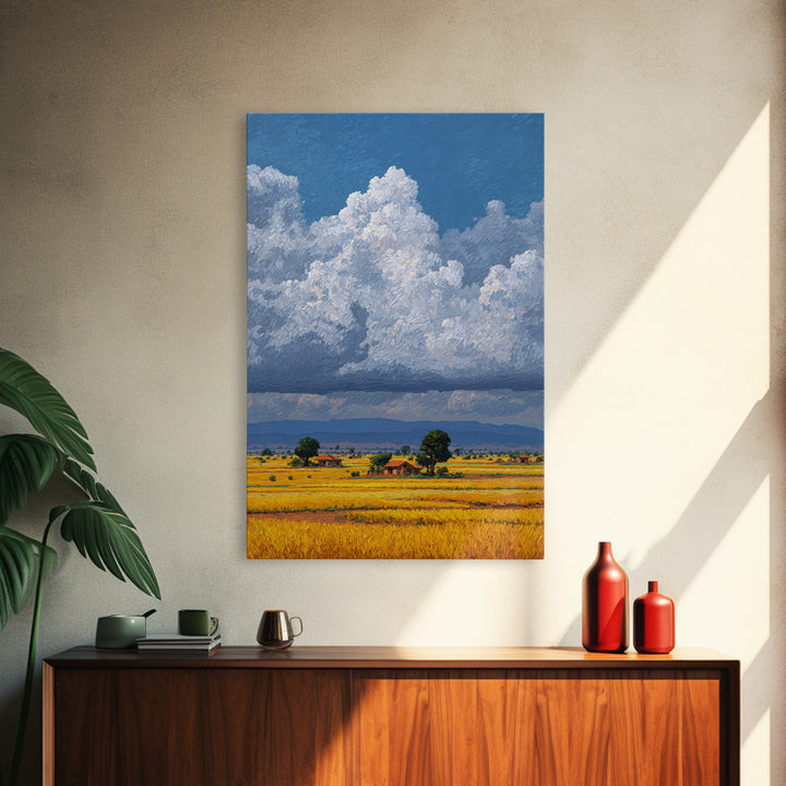 Sunlit African Farmland With Puffy White Clouds Wall Art, Landscape Canvas Print, Rustic Decor, Housewarming Gift For Her