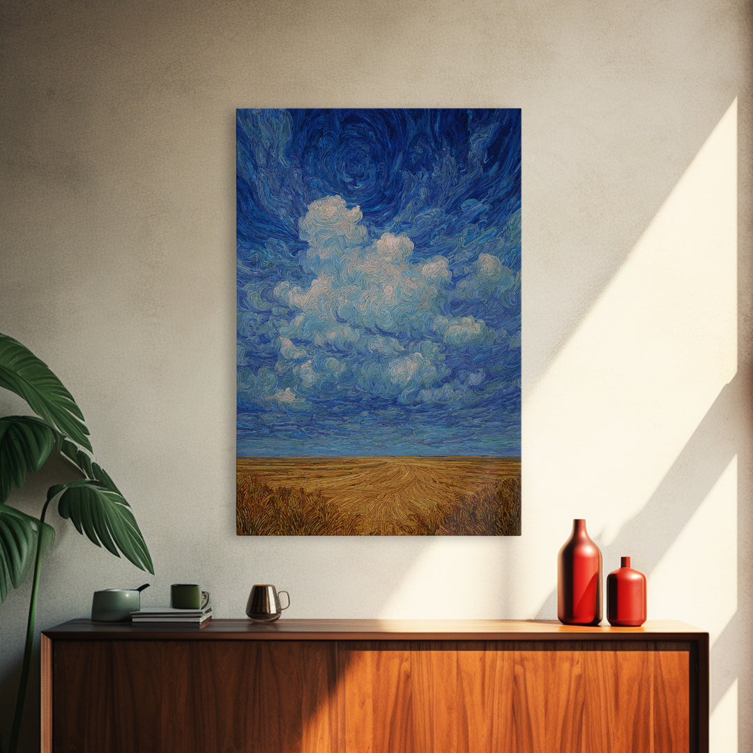 Swirling Blue Sky Over Golden African Plain Canvas Print, Abstract Landscape Wall Art, Dreamy Decor, Modern Home Decor Gift