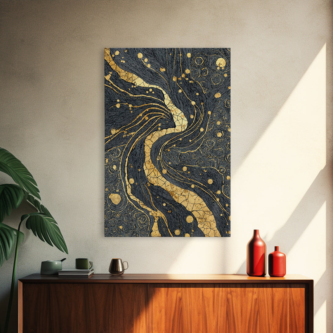 Black And Gold Abstract River Of Stars Statement Wall Art, Luxury Canvas Print, Geometric Decor, Elegant Modern Home Decor Gift
