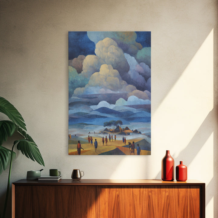 African Village Beneath Blue Storm Clouds Framed Canvas Print, Landscape Wall Decor, Cultural Home Decor, Afrocentric Art
