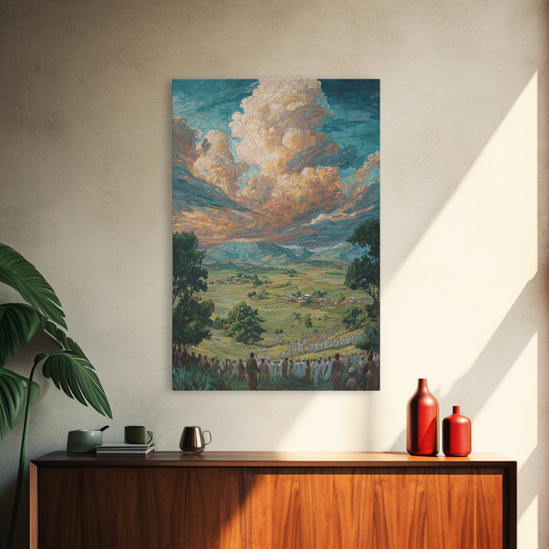 African Valley Procession Under Radiant Clouds Canvas Print, Panoramic Landscape Wall Decor, Safari Art, Cultural Gift For Home