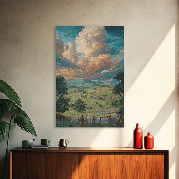 African Valley Procession Under Radiant Clouds Canvas Print, Panoramic Landscape Wall Decor, Safari Art, Cultural Gift For Home