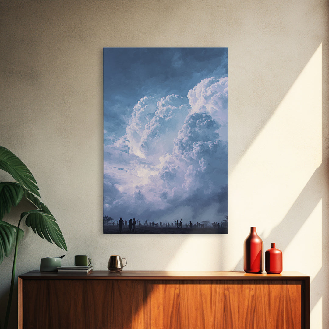 Towering White Storm Clouds Over African Horizon Framed Canvas Print, Dramatic Blue Wall Decor, Spiritual Afrocentric Art