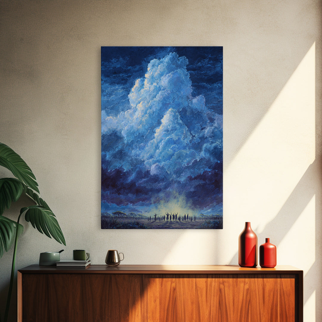 Deep Blue Thundercloud Over African Crowd Canvas Print, Dramatic Storm Sky Wall Decor, Spiritual Safari Art, Statement Gift