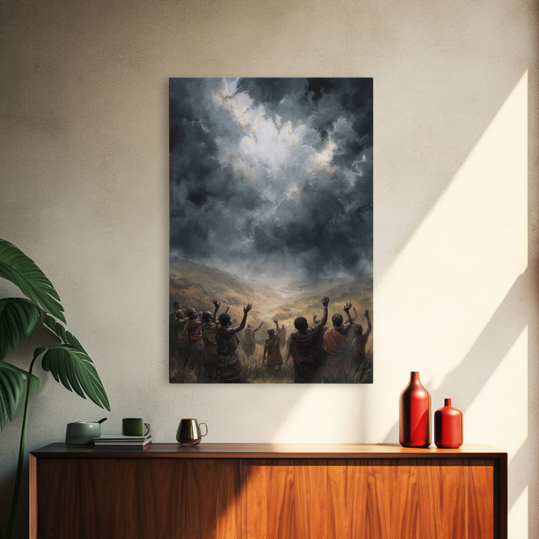 African Villagers Raising Hands To Dark Storm Sky Wall Art, Dramatic Spiritual Canvas, Cultural Decor, Black Art Gift For Home