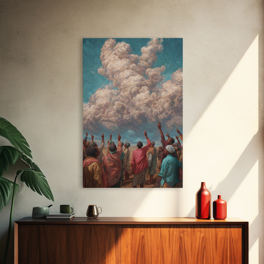African Gathering Pointing To Rose Clouds Canvas Print, Colorful Cultural Wall Decor, Afrocentric Home Art, Unique Gift Idea