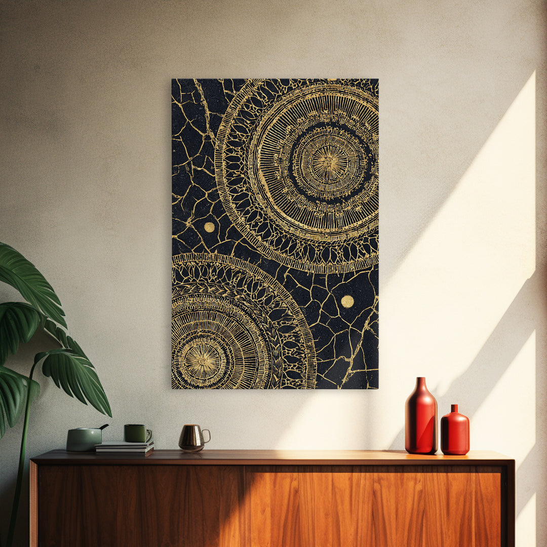 Black And Gold Tribal Mandala Pattern Framed Canvas Print, Geometric African Wall Decor, Abstract Ethnic Art, Luxury Gift