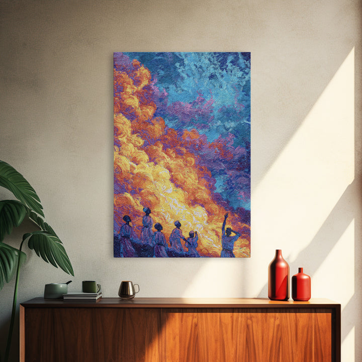 Figures Under Fiery Orange And Blue Sky Canvas Print, African Wall Art, Black People Art, Cultural Home Decor Gift, Statement Wall Decor