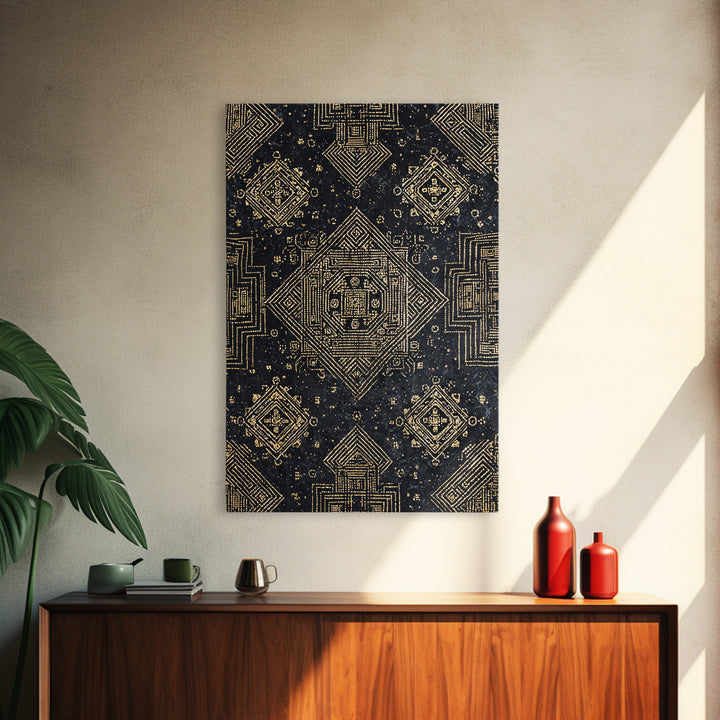 Black And Gold Sacred Geometric Pattern Framed Canvas Print, African Tribal Art, Luxury Wall Art, Spiritual Home Decor Gift