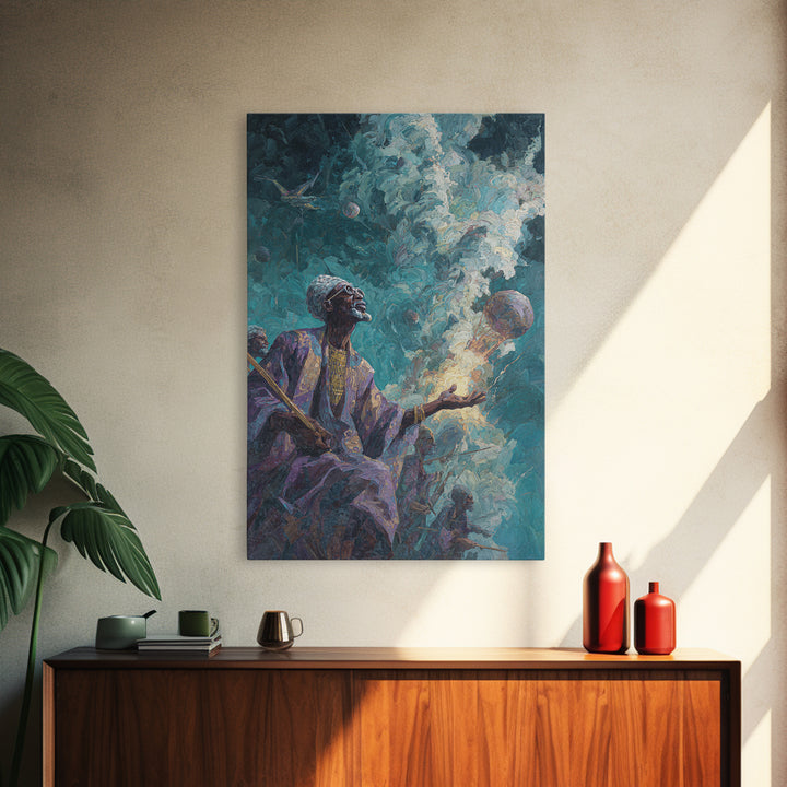 Mystic African Elder With Glowing Orb Canvas Print, Afrocentric Wall Decor, Spiritual Black Art, Ancestral Shaman Portrait
