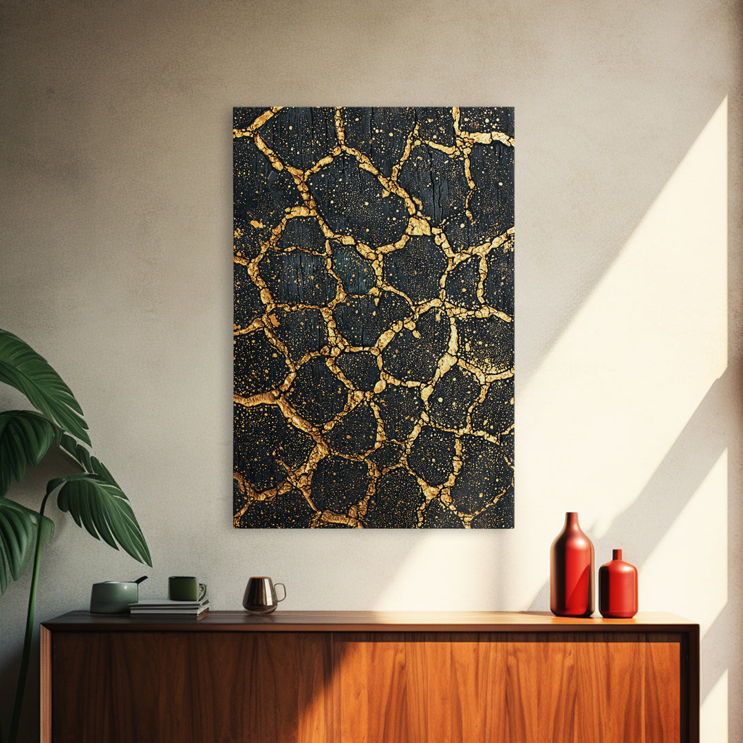 Black Gold Crackle Texture Wall Art, Abstract African Art Print, Luxury Canvas Decor, Earth Tone Modern Statement Piece Gift