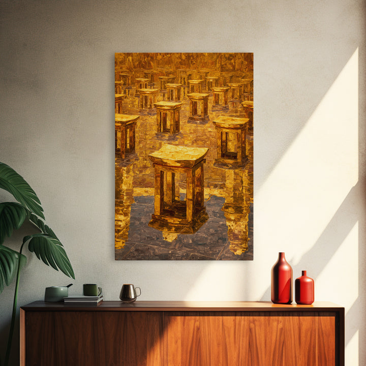 Golden Ancestral Stools In Reflective Hall Framed Canvas Print, African Decor, Cultural Wall Art, Warm Ochre Home Decor Gift