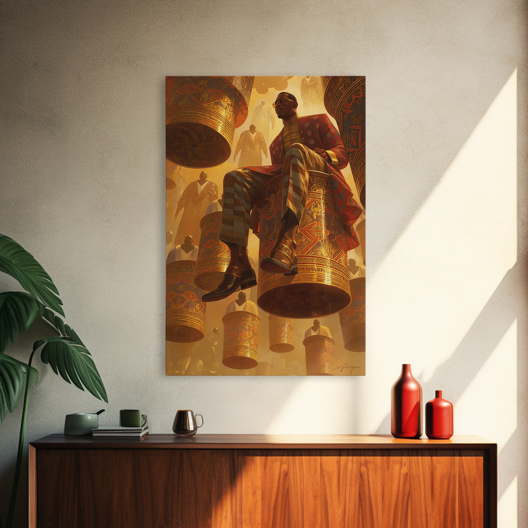 Afrofuturist Man Seated On Floating Drums Canvas Print, African Ankara Art, Regal Black Culture Wall Decor, Bold Gift For Him