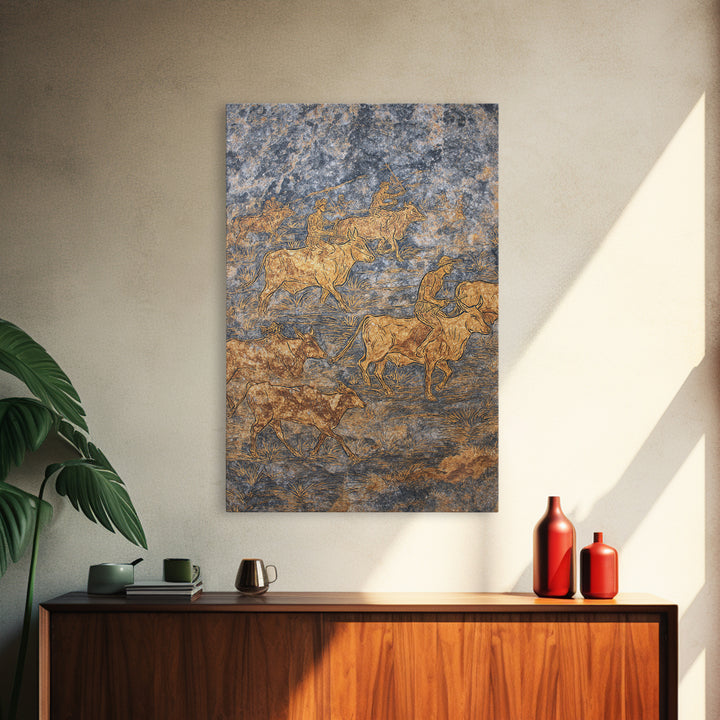 Golden Cattle Herders Etched On Blue Stone Wall Art, African Safari Art, Pastoral Tribal Canvas, Cultural Home Decor, Unique Gift