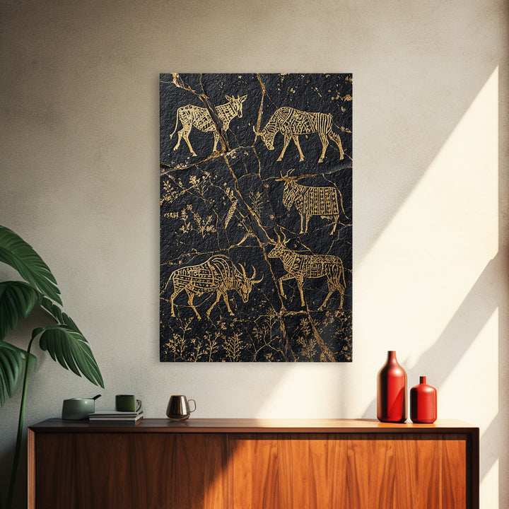 Black Gold Tribal Animal Petroglyph Canvas Print, African Safari Art, Antelope And Zebra Wall Decor, Ancient Rock Art Print