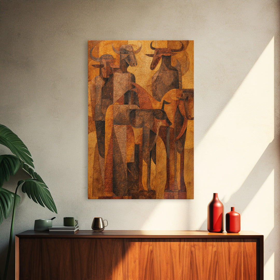 Cubist Cattle Spirits In Burnt Orange Canvas Print, African Abstract Art, Tribal Bull Wall Decor, Modern Gallery Gift For Home