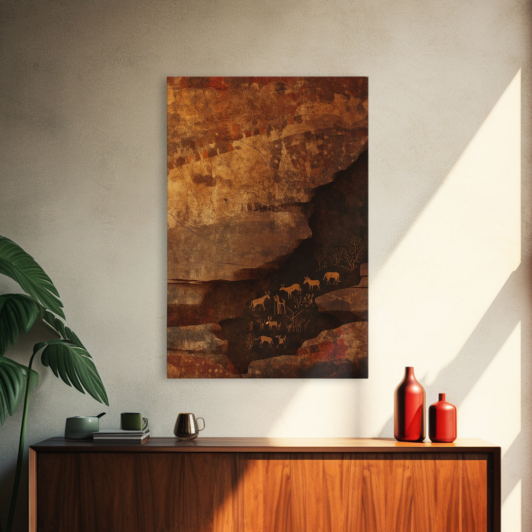 Ochre Cave Safari Herds Wall Art, African Safari Art, Earth Tone Wall Decor, Tribal Animal Print, Rustic Home Decor Gift