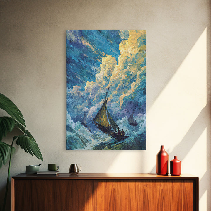 Stormy Sailboat Seascape Framed Canvas Print, Beach Art, Blue Ocean Wall Decor, Coastal Painting, Dramatic Living Room Art