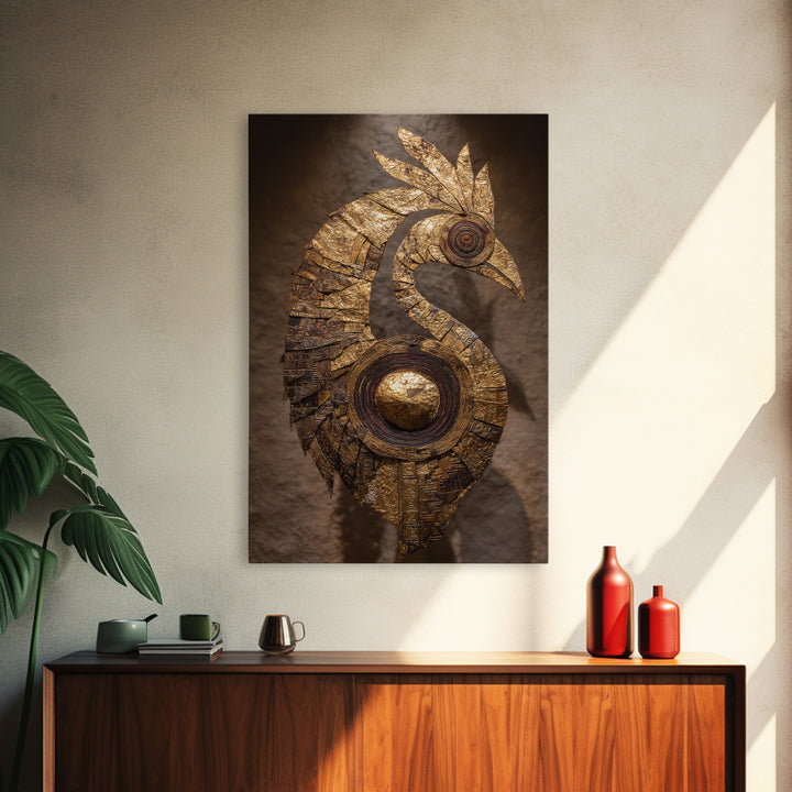 Golden Tribal Bird Sculpture Wall Art, African Inspired Decor, Black And Gold Art, Textured Art Print, Unique Home Decor Gift