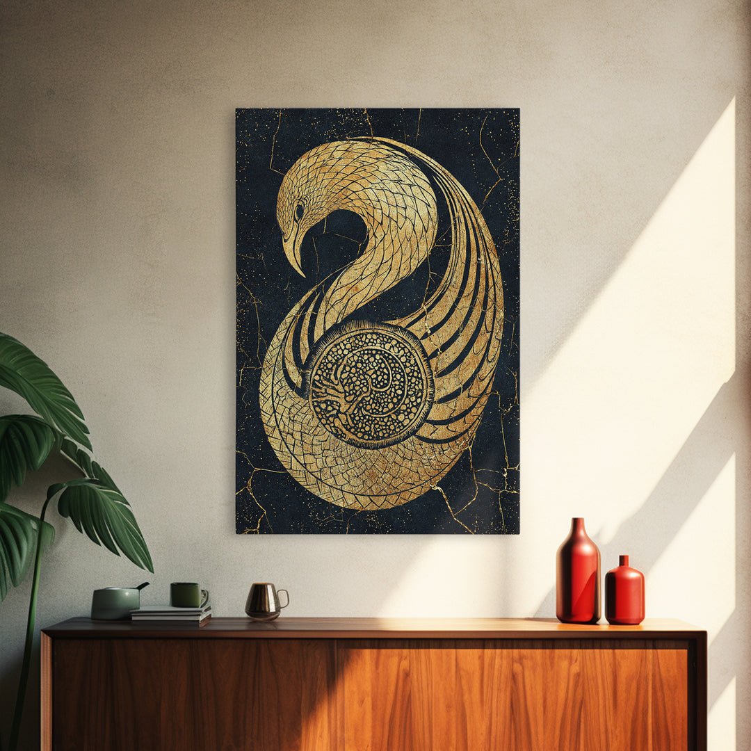 Gold Phoenix Bird Canvas Print, Black And Gold Art, African Inspired Wall Decor, Mythical Animal Art, Luxury Canvas Art Gift