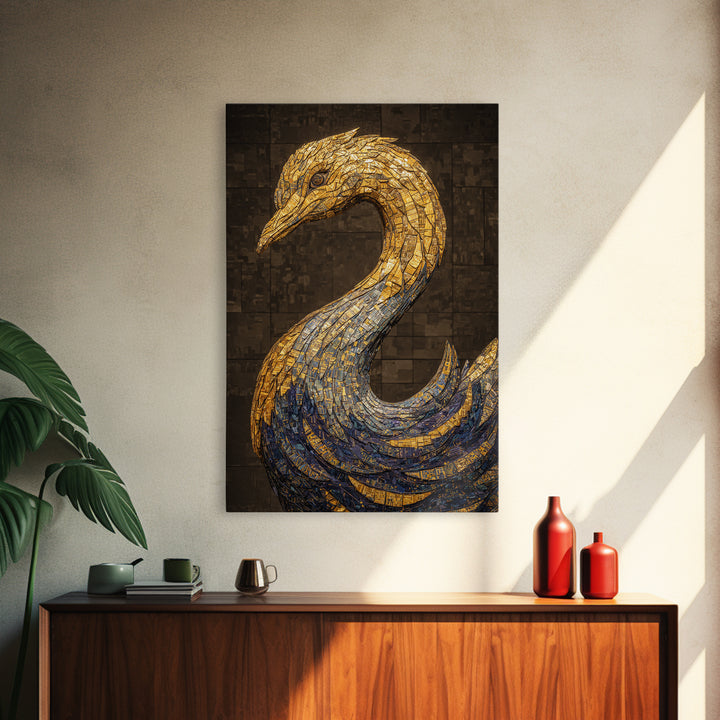 Blue Gold Mosaic Swan Framed Canvas Print, Black And Gold Art, Elegant Wall Decor, Contemporary Canvas, Statement Home Decor