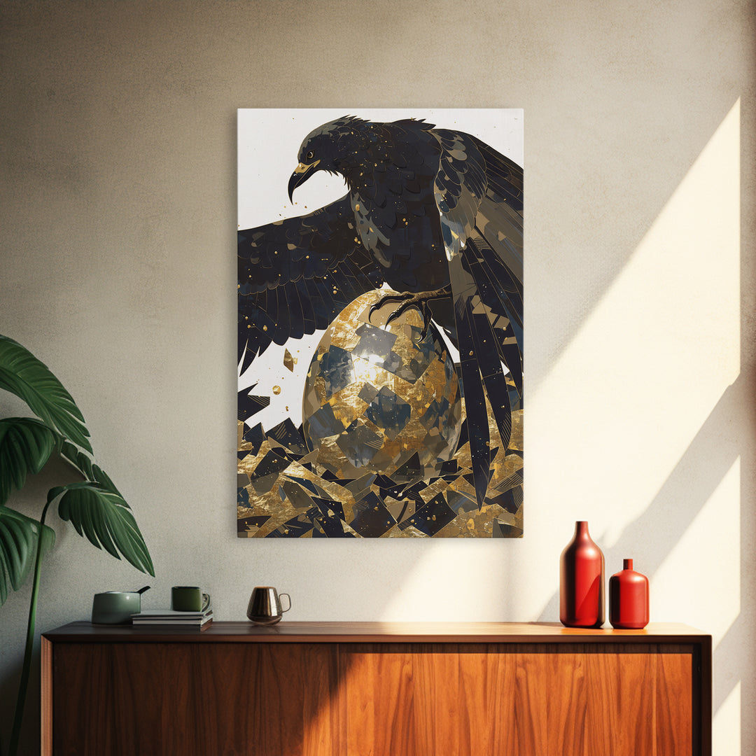 Black Eagle Golden Egg Canvas Print, Black And Gold Art, Animal Wall Decor, Bold Bird Artwork, Contemporary Living Room Art