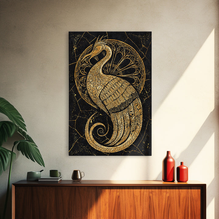 Ornate Golden Peacock Wall Art, Black And Gold Art, African Inspired Wall Decor, Mystical Animal Art, Luxury Canvas Print Gift