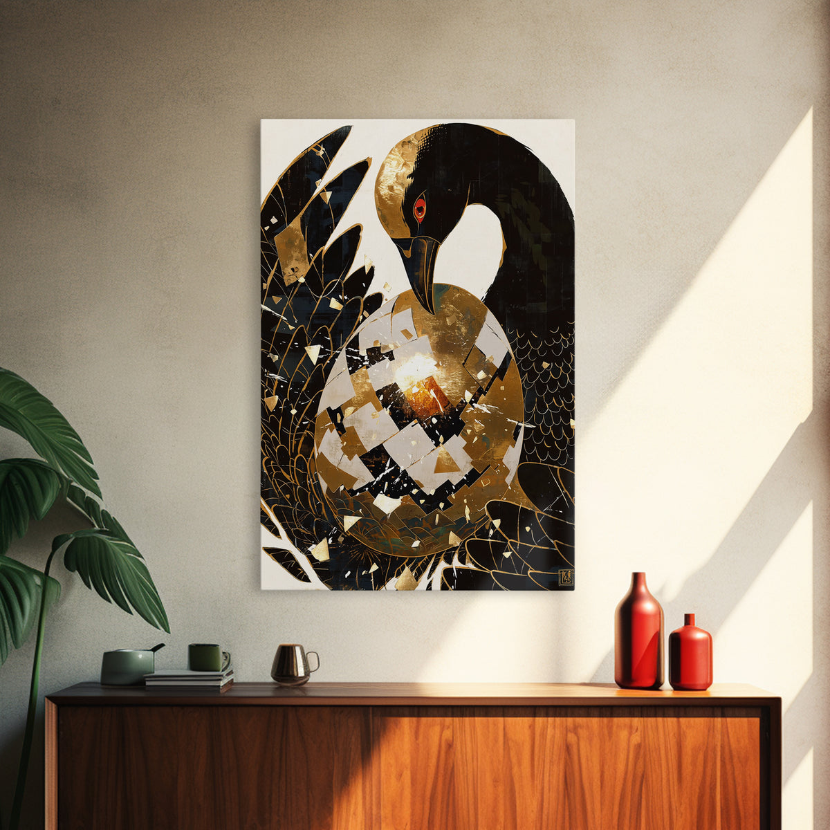 Black Crane With Golden Egg Framed Canvas Print, Black And Gold Art, Modern Bird Wall Decor, Elegant Home Decor, Unique Gift