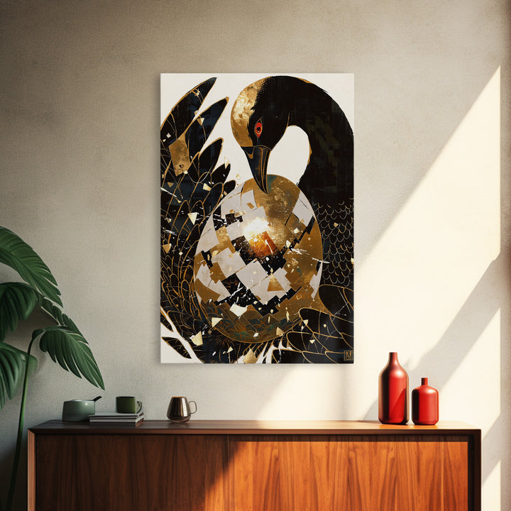 Black Crane With Golden Egg Framed Canvas Print, Black And Gold Art, Modern Bird Wall Decor, Elegant Home Decor, Unique Gift