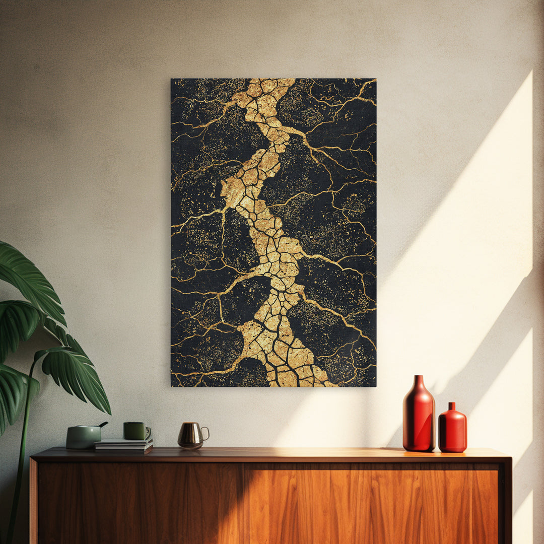 Gold Vein Crackle Abstract Canvas Print, Black And Gold Wall Art, Modern African Inspired Decor, Textured Art Print, Gift