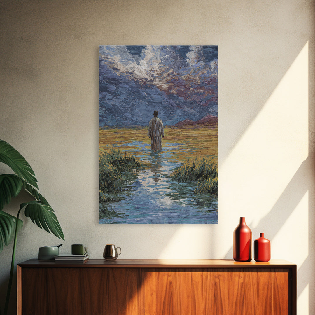 Lone Figure In Marsh Landscape Wall Art, African Landscape Canvas Print, Dreamy Nature Scene Art, Elegant Home Decor Gift