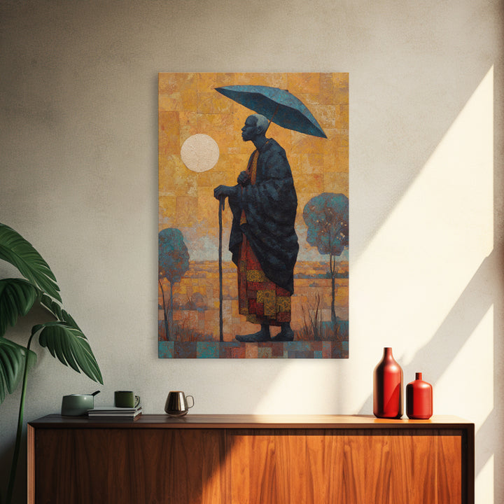 Elder With Blue Umbrella Wall Art, African Portrait Canvas Print, Burnt Orange Art, Afrocentric Decor, Meaningful Gift For Him