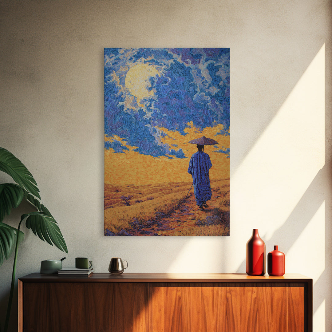 Blue Robed Traveler Under Moon Canvas Print, African Landscape Wall Art, Dreamy Wall Art, Cultural Home Decor, Gift For Him
