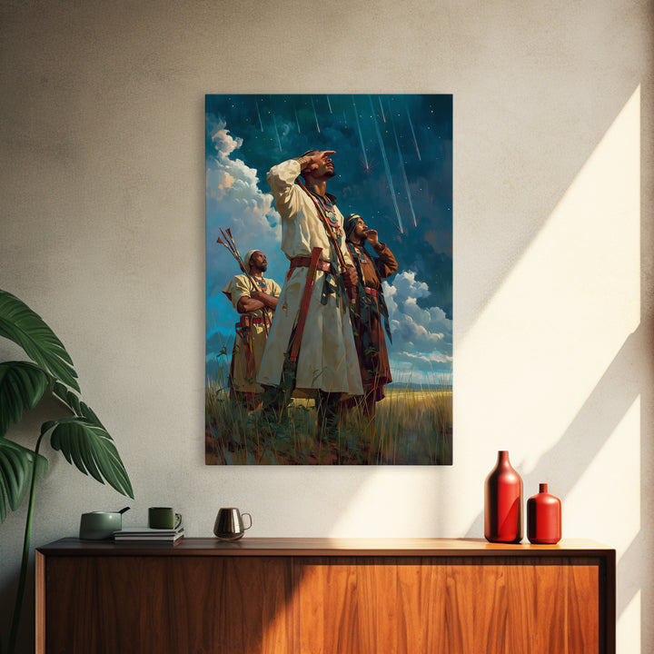 Sky Watchers In Tribal Robes Wall Art, African Warrior Art, Afrocentric Print, Cultural Home Decor, Statement Canvas Decor