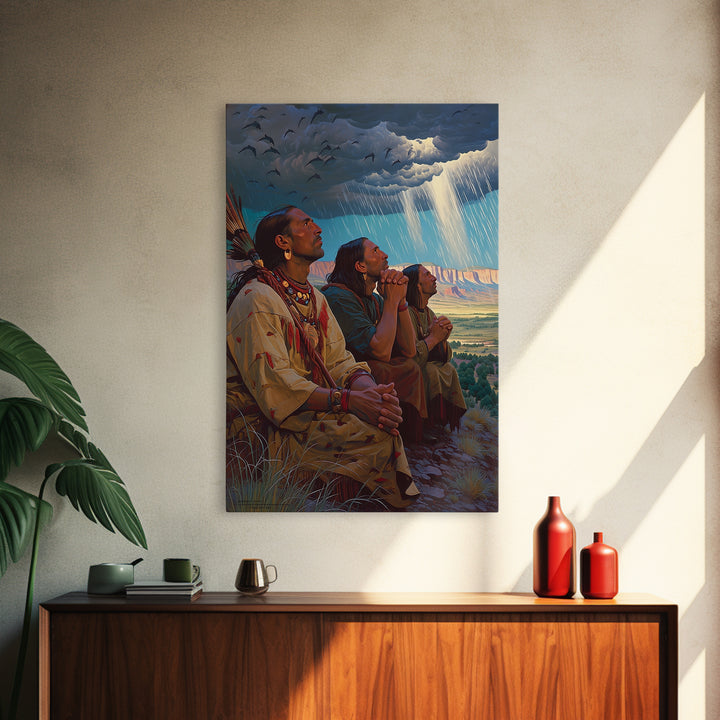 Tribal Elders Praying Under Storm Clouds Wall Art, African Warrior Art Print, Cultural Landscape, Spiritual Home Decor, Gift
